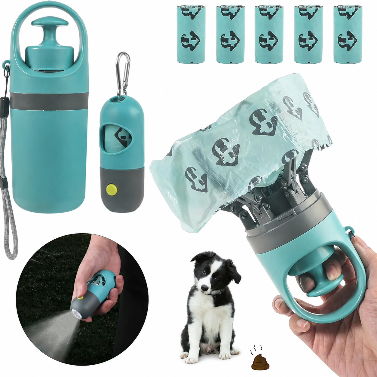 Portable Dog Poop Scooper Set with Bag Dispenser, Leash Clip & LED Light
