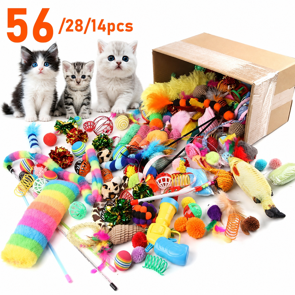 14/28/56-Piece Cat Toy Variety Pack – Plush, Balls & Interactive Toys for Kittens and Multi-Cat Homes