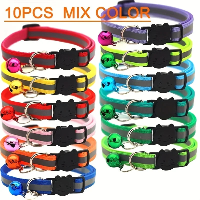 10-Pack Reflective Breakaway Cat Collars with Bells – Adjustable Safety Collar Set