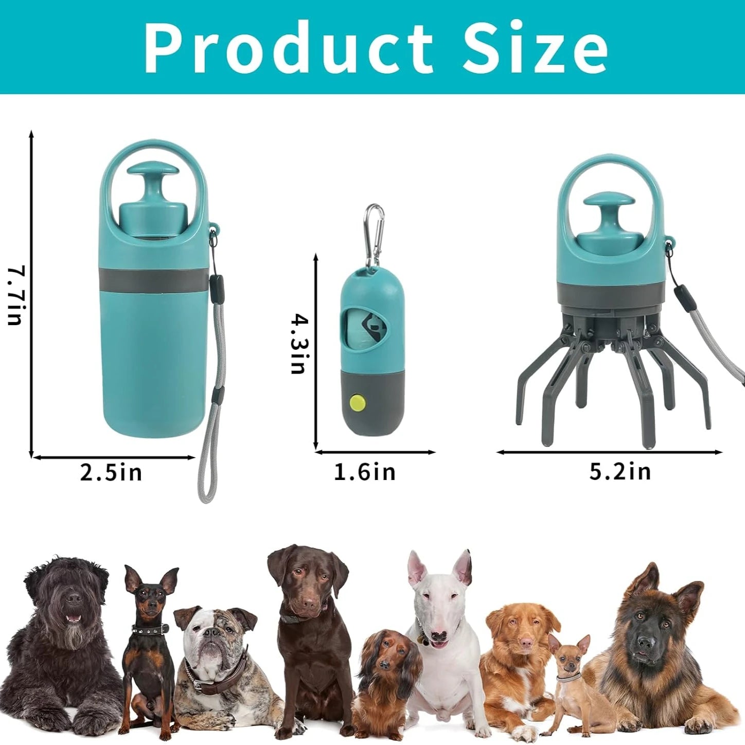 Portable Dog Poop Scooper Set with Bag Dispenser, Leash Clip & LED Light