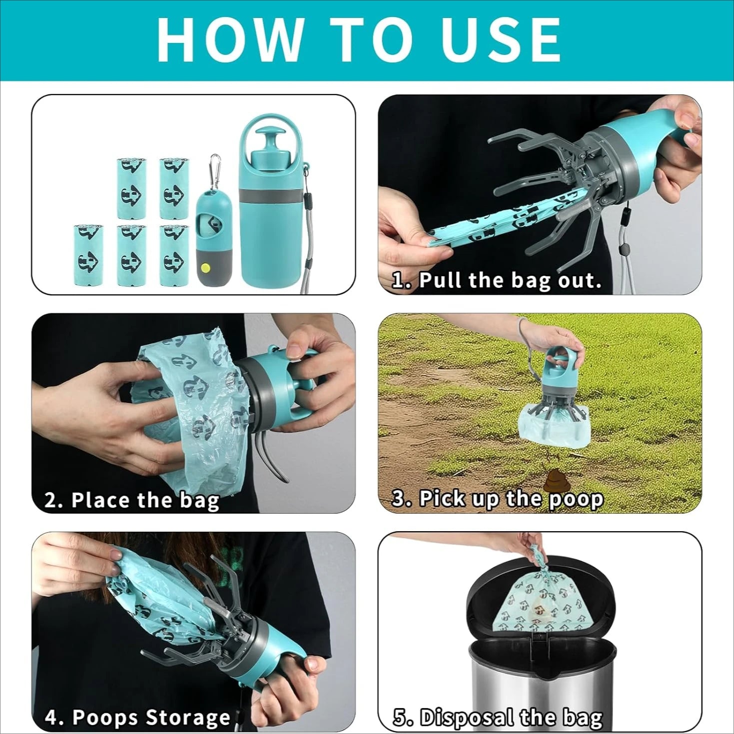 Portable Dog Poop Scooper Set with Bag Dispenser, Leash Clip & LED Light