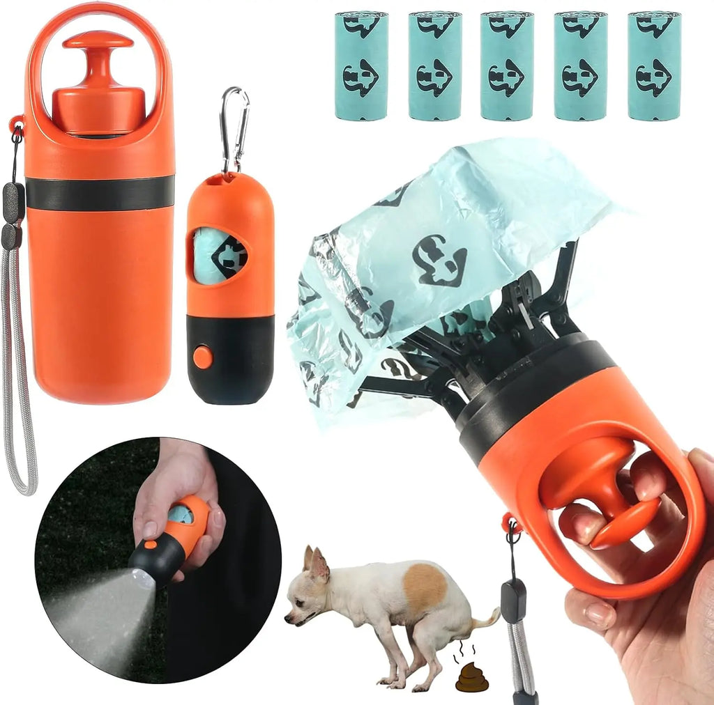 Portable Dog Poop Scooper Set with Bag Dispenser, Leash Clip & LED Light