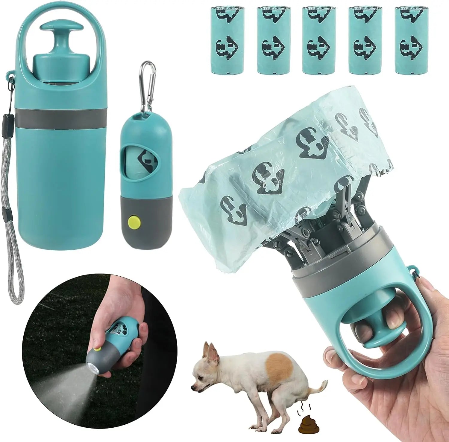 Portable Dog Poop Scooper Set with Bag Dispenser, Leash Clip & LED Light